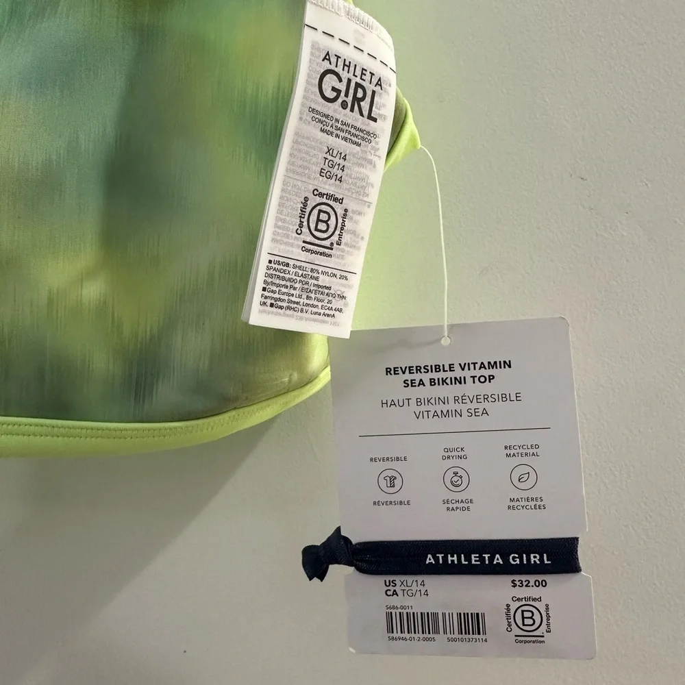 NEW Athleta Reversible Neon Green Tie-Dye Bikini Top Girls XL NWT - Picture 2 of 4